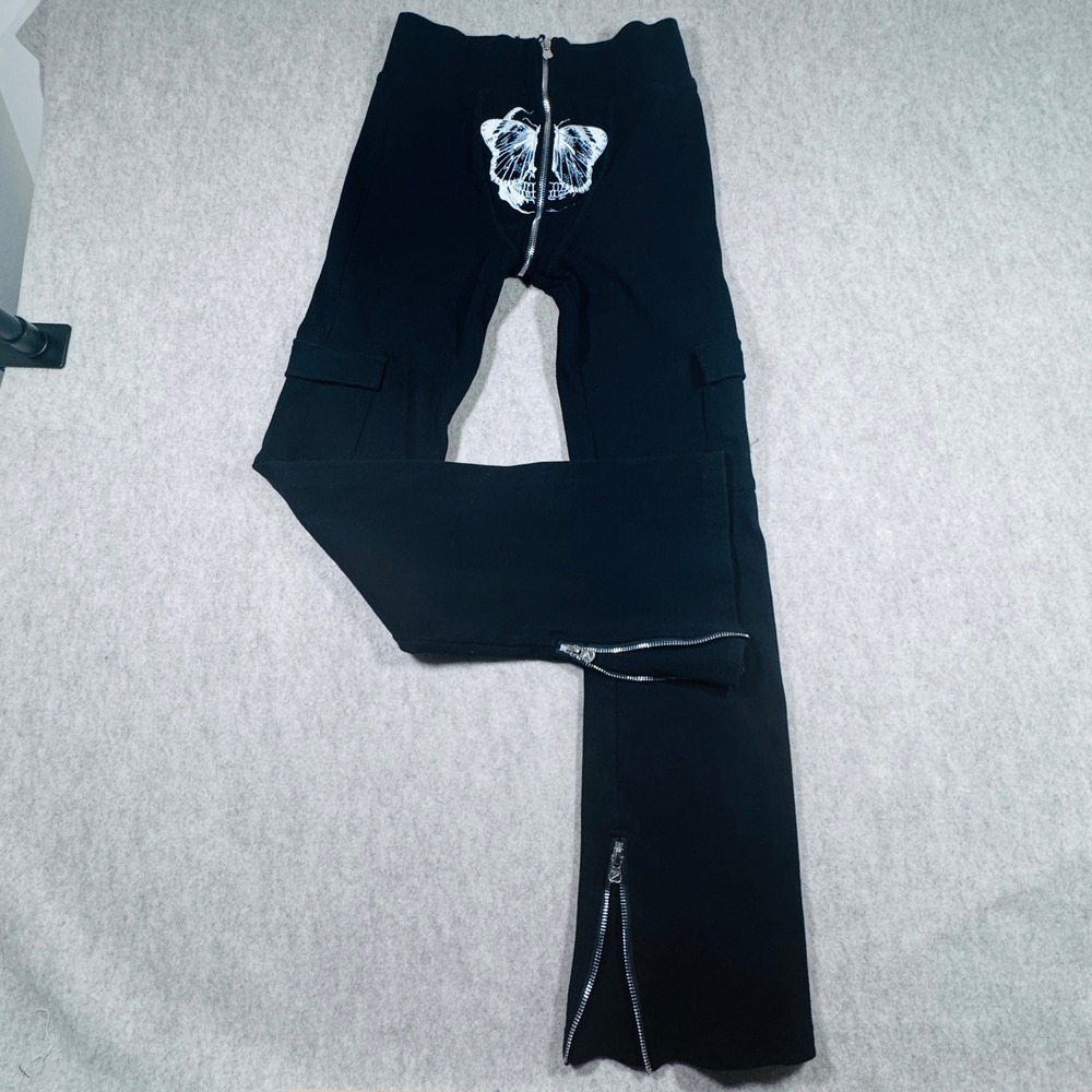Tordrobes U-Zip Cargo Pants XL Womens Black Butterfly Skull Ribbed Streetwear
